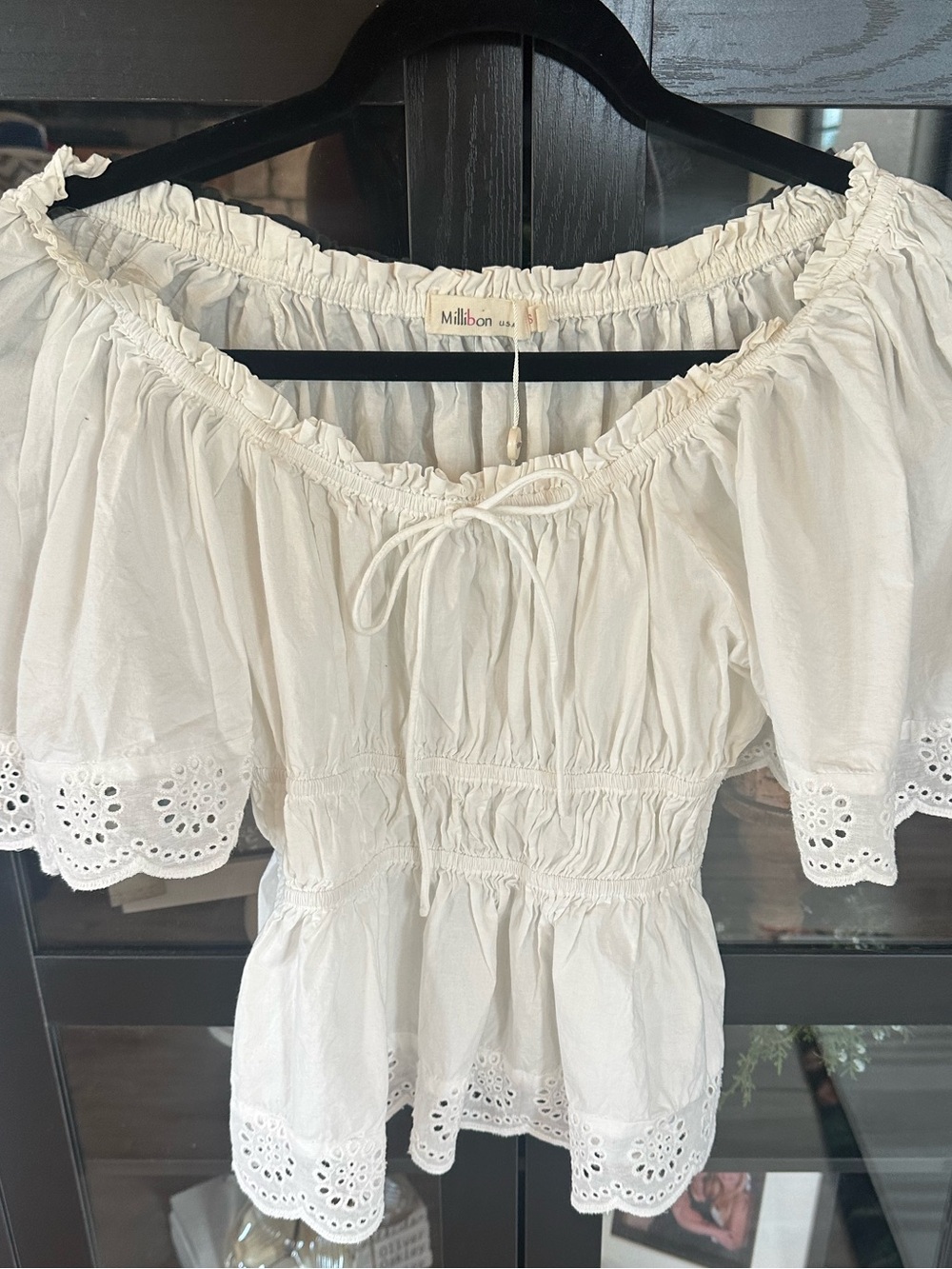 Millibon Cotton White Eyelet Puff Sleeve Peplum Peasant Blouse - Picture 3 of 4
